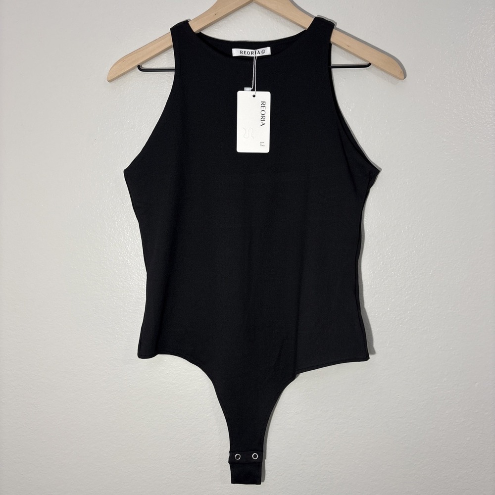 REORIA Women's L Black Sleeveless Bodysuit High Neck Form Fitting Tank Top